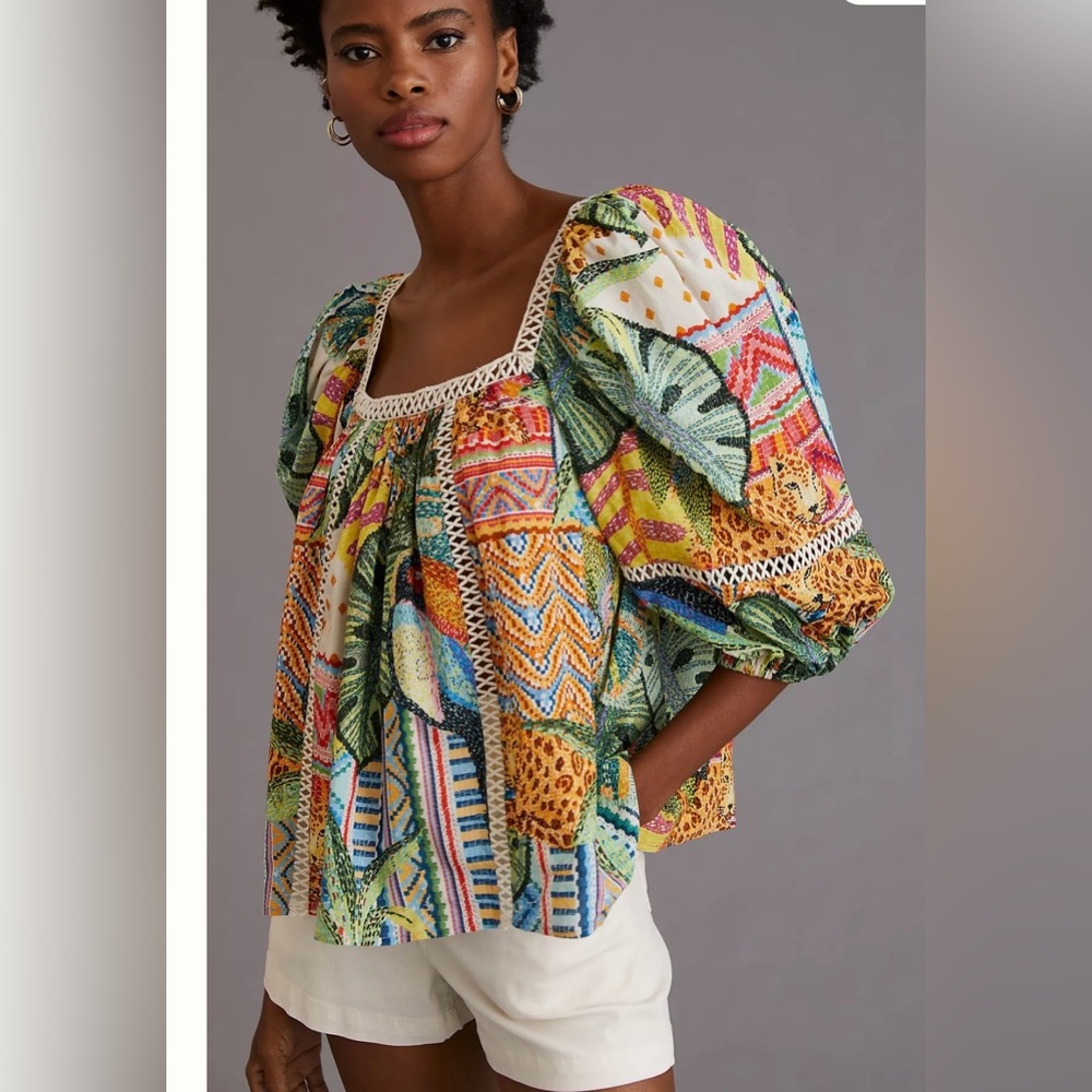 FARM Rio Tropical Print Patterned Lace Inset Peasant Blouse Anthropologie-Sz Sm